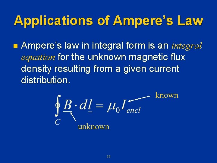Applications of Ampere’s Law n Ampere’s law in integral form is an integral equation