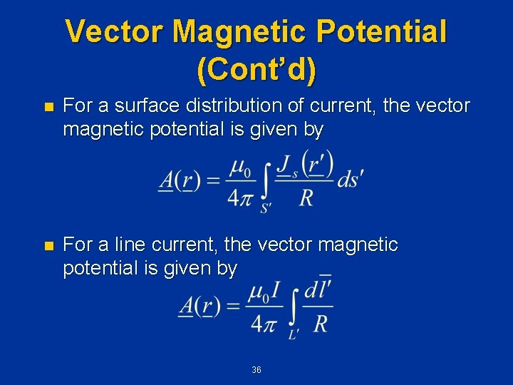 Vector Magnetic Potential (Cont’d) n For a surface distribution of current, the vector magnetic