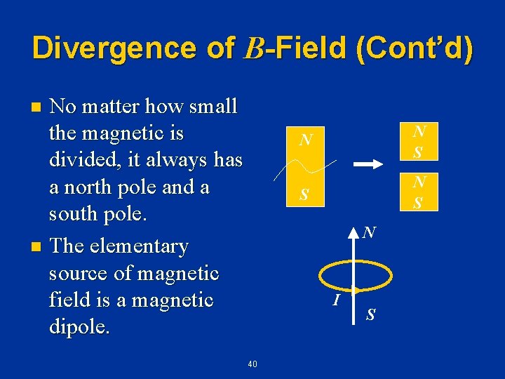 Divergence of B-Field (Cont’d) No matter how small the magnetic is divided, it always