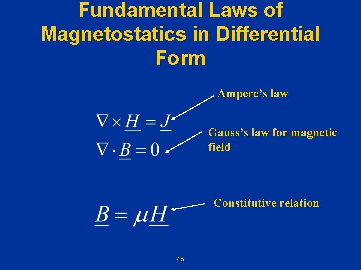 Fundamental Laws of Magnetostatics in Differential Form Ampere’s law Gauss’s law for magnetic field