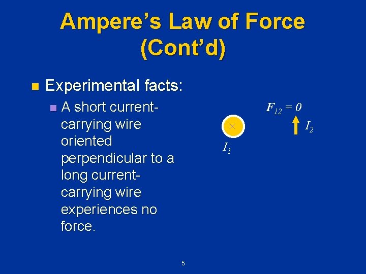 Ampere’s Law of Force (Cont’d) n Experimental facts: n A short currentcarrying wire oriented