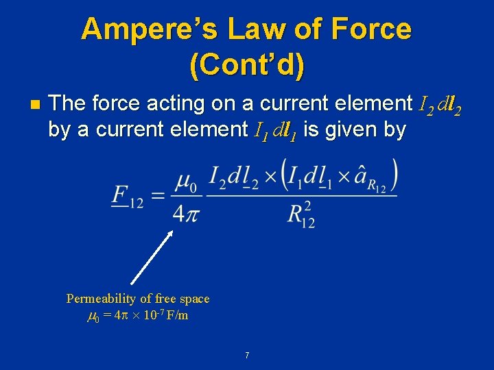 Ampere’s Law of Force (Cont’d) n The force acting on a current element I