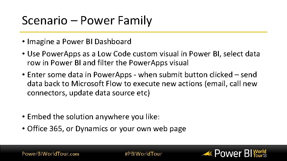 Scenario – Power Family • Imagine a Power BI Dashboard • Use Power. Apps Scenario – Power Family • Imagine a Power BI Dashboard • Use Power. Apps