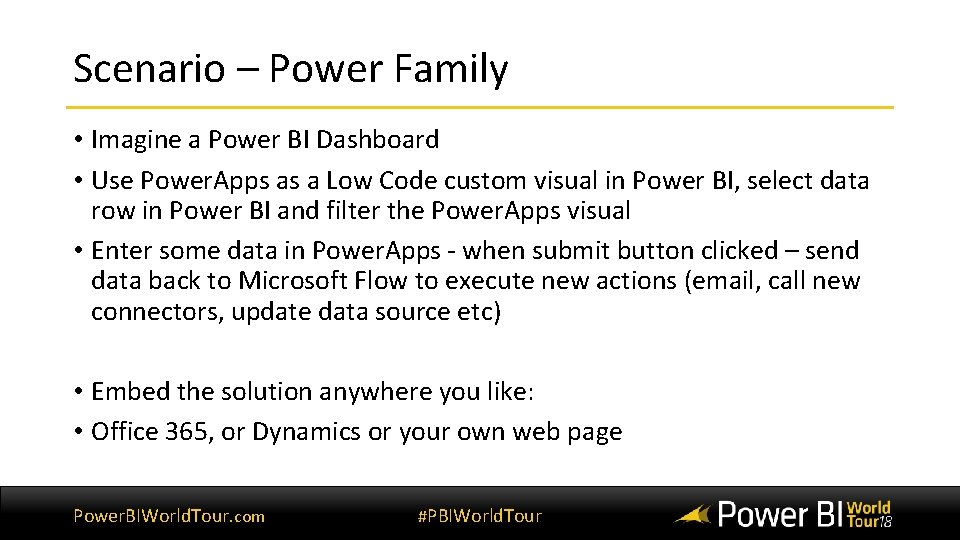 Scenario – Power Family • Imagine a Power BI Dashboard • Use Power. Apps