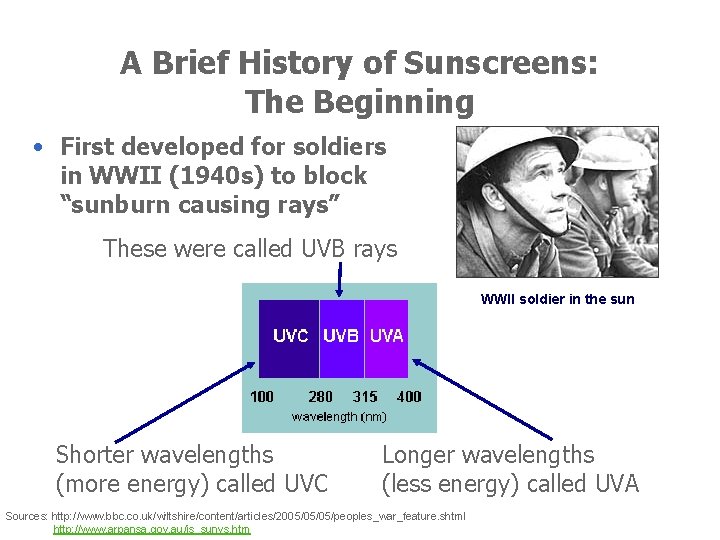 A Brief History of Sunscreens: The Beginning • First developed for soldiers in WWII