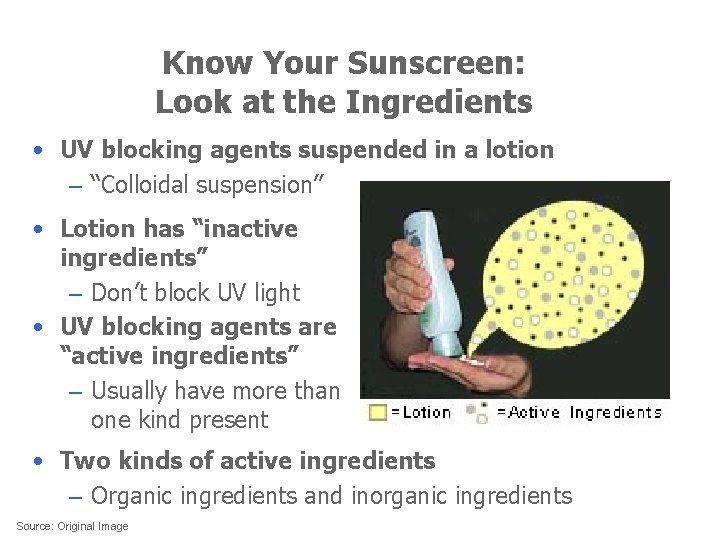 Know Your Sunscreen: Look at the Ingredients • UV blocking agents suspended in a