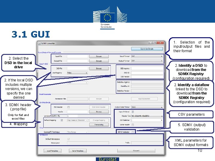 3. 1 GUI 1. Selection of the input/output files and their format 2. Select