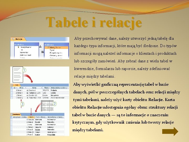 Tabele i relacje Aby przechowywać dane, należy utworzyć jedną tabelę dla każdego typu informacji,