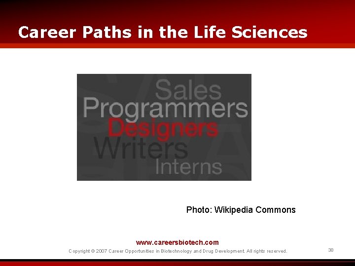 Career Paths in the Life Sciences Photo: Wikipedia Commons www. careersbiotech. com Copyright ©