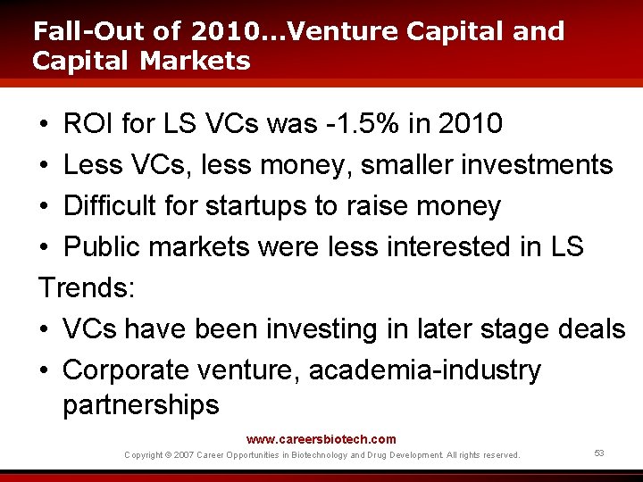 Fall-Out of 2010…Venture Capital and Capital Markets • ROI for LS VCs was -1.