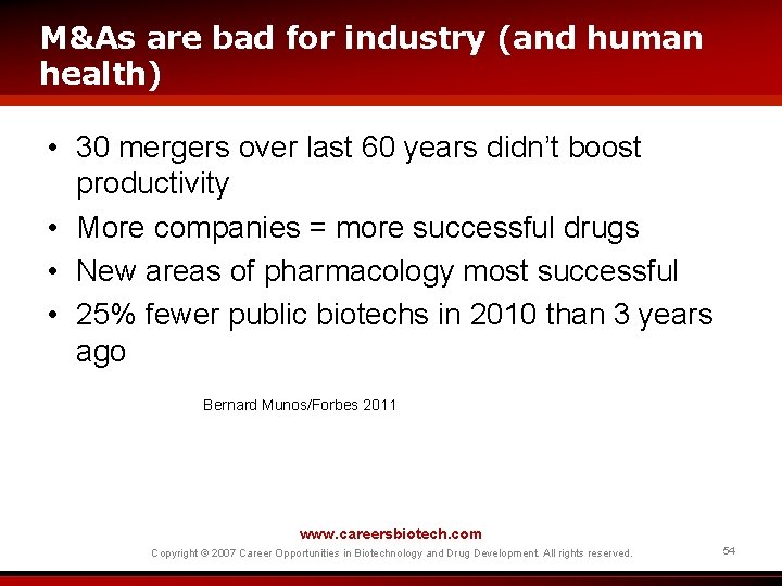 M&As are bad for industry (and human health) • 30 mergers over last 60