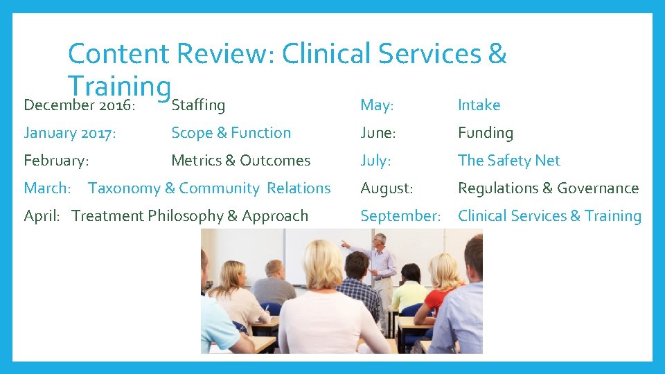 Content Review: Clinical Services & Training December 2016: Staffing May: Intake January 2017: Scope