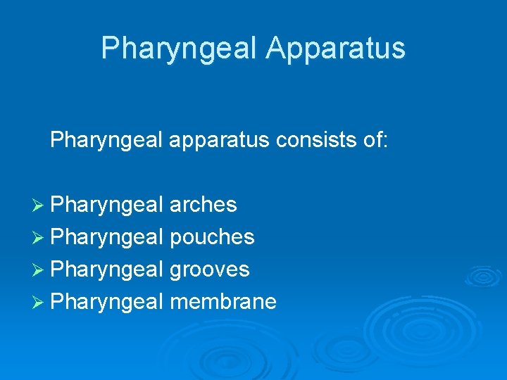 Pharyngeal Apparatus Pharyngeal apparatus consists of: Ø Pharyngeal arches Ø Pharyngeal pouches Ø Pharyngeal