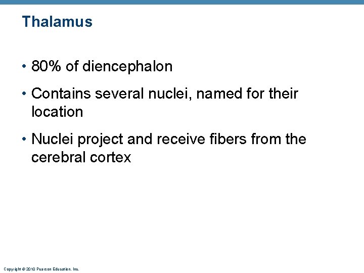 Thalamus • 80% of diencephalon • Contains several nuclei, named for their location •