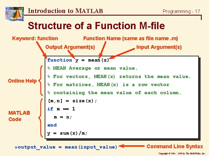 Introduction to MATLAB Programming - 17 Structure of a Function M-file Keyword: function Function Introduction to MATLAB Programming - 17 Structure of a Function M-file Keyword: function Function