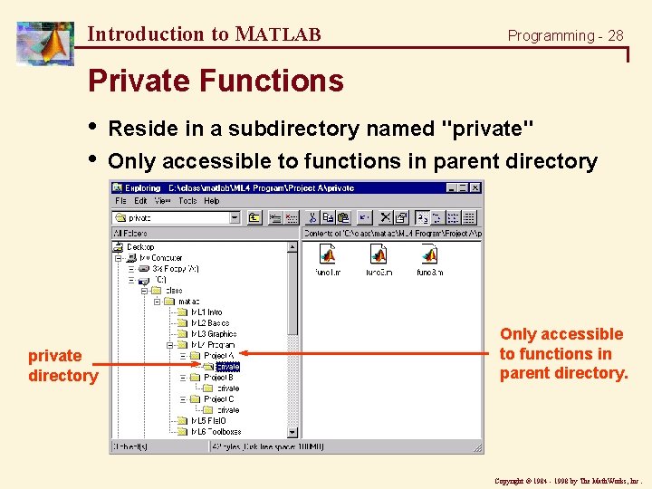 Introduction to MATLAB Programming - 28 Private Functions • • private directory Reside in Introduction to MATLAB Programming - 28 Private Functions • • private directory Reside in