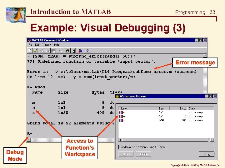 Introduction to MATLAB Programming - 33 Example: Visual Debugging (3) Error message Debug Mode Introduction to MATLAB Programming - 33 Example: Visual Debugging (3) Error message Debug Mode