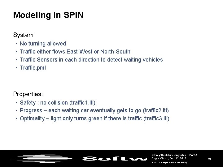 Modeling in SPIN System • • No turning allowed Traffic either flows East-West or