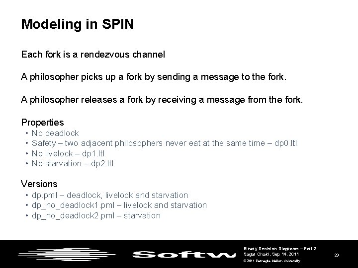 Modeling in SPIN Each fork is a rendezvous channel A philosopher picks up a