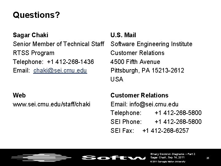 Questions? Sagar Chaki Senior Member of Technical Staff RTSS Program Telephone: +1 412 -268