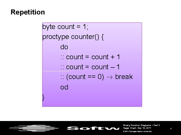 Repetition byte count = 1; proctype counter() { do : : count = count