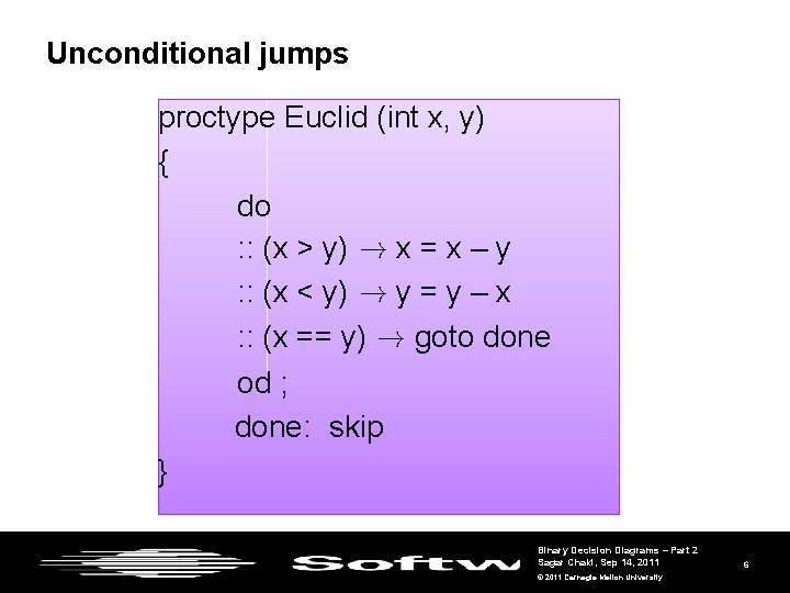 Unconditional jumps proctype Euclid (int x, y) { do : : (x > y)