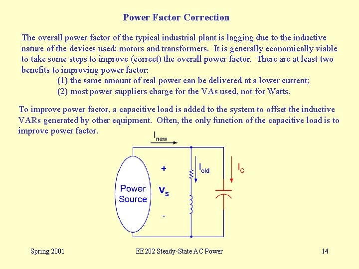 Power Factor Correction The overall power factor of the typical industrial plant is lagging