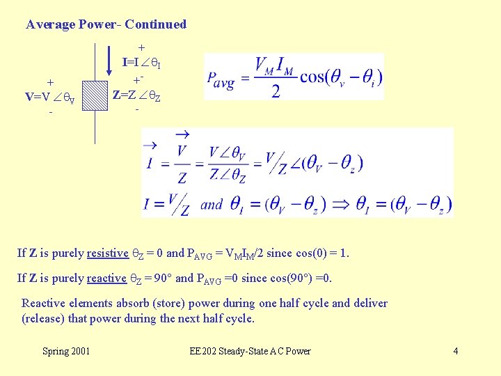 Average Power- Continued + I=I I + V=V V - +- Z=Z Z -