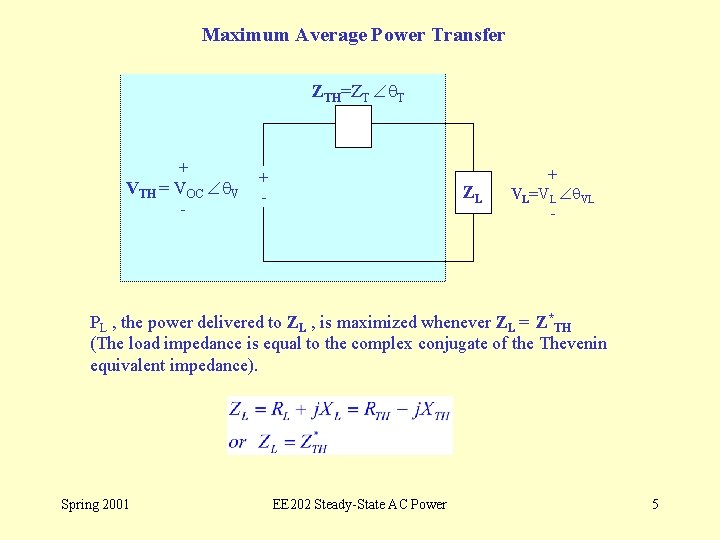 Maximum Average Power Transfer ZTH=ZT T + VTH = VOC V - + -