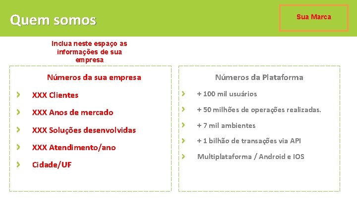 Quem somos Sua Marca Inclua neste espaço as informações de sua empresa Números da