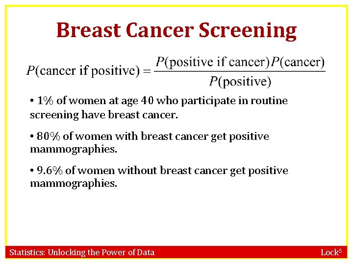 Breast Cancer Screening • 1% of women at age 40 who participate in routine