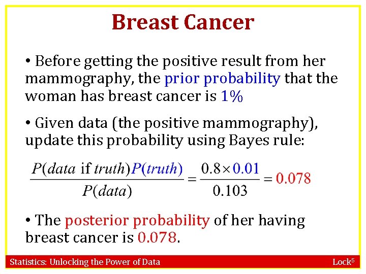 Breast Cancer • Before getting the positive result from her mammography, the prior probability