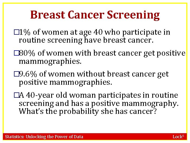 Breast Cancer Screening � 1% of women at age 40 who participate in routine