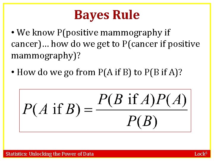Bayes Rule • We know P(positive mammography if cancer)… how do we get to