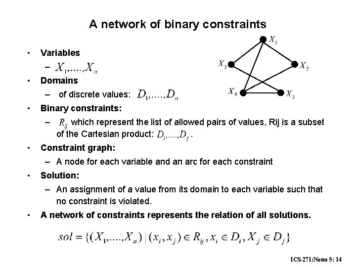 A network of binary constraints • Variables – • Domains – of discrete values: