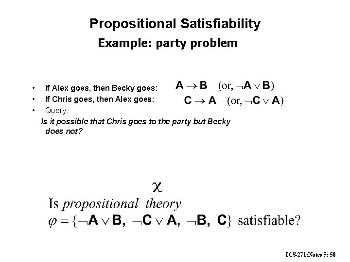 Propositional Satisfiability Example: party problem • • • If Alex goes, then Becky goes: