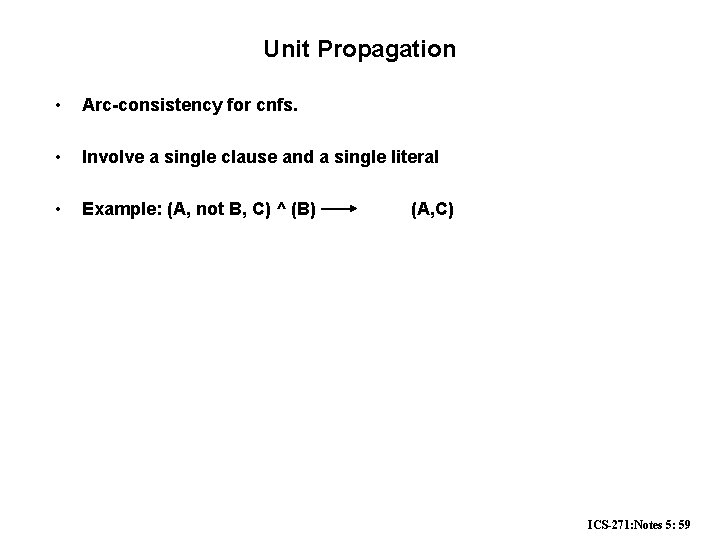 Unit Propagation • Arc-consistency for cnfs. • Involve a single clause and a single