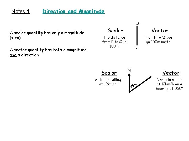 Notes 1 Direction and Magnitude Q A scalar quantity has only a magnitude (size)