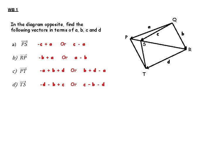 WB 1 Q In the diagram opposite, find the following vectors in terms of