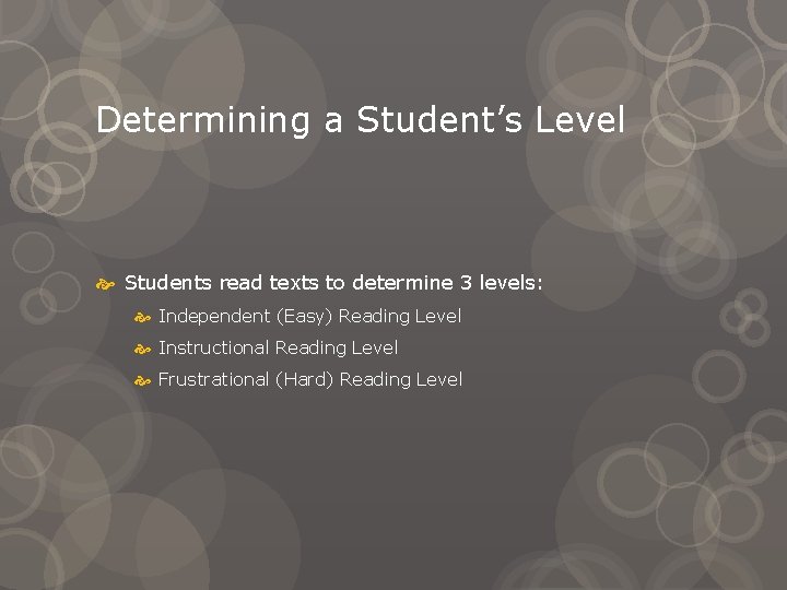 Determining a Student’s Level Students read texts to determine 3 levels: Independent (Easy) Reading