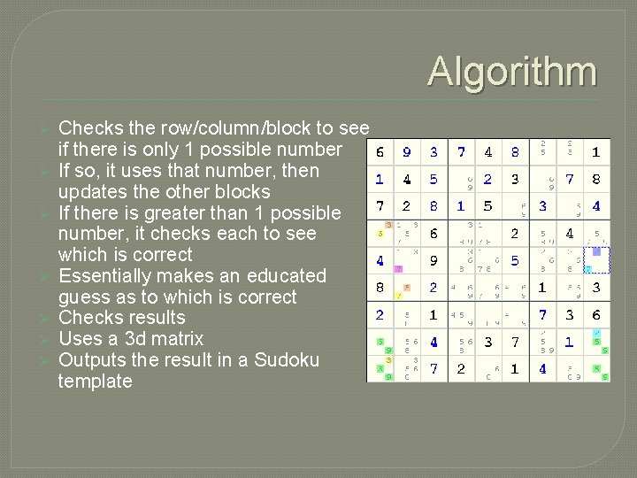 Algorithm Ø Ø Ø Ø Checks the row/column/block to see if there is only