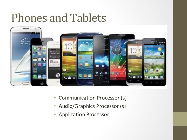 Phones and Tablets • Communication Processor (s) • Audio/Graphics Processor (s) • Application Processor