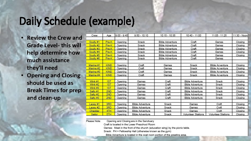 Daily Schedule (example) • Review the Crew and Grade Level- this will help determine