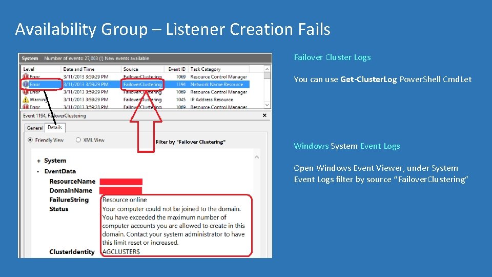 Availability Group – Listener Creation Fails Failover Cluster Logs You can use Get-Cluster. Log
