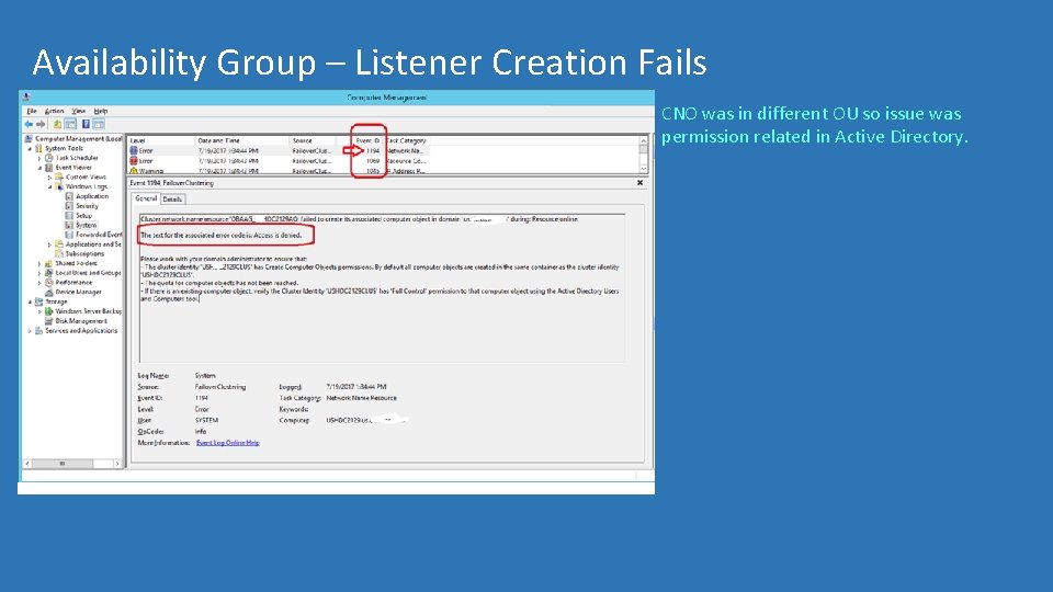 Availability Group – Listener Creation Fails CNO was in different OU so issue was
