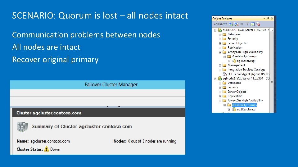 SCENARIO: Quorum is lost – all nodes intact Communication problems between nodes All nodes