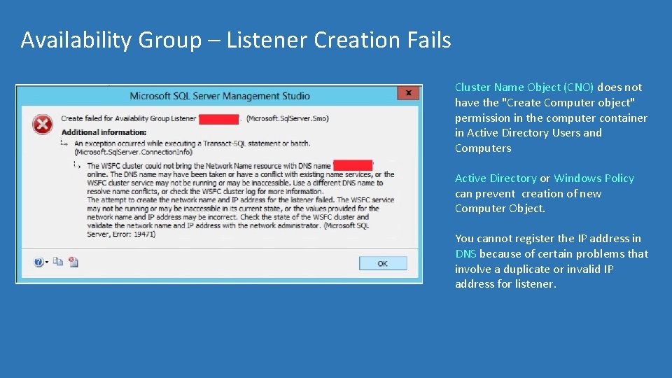 Availability Group – Listener Creation Fails Cluster Name Object (CNO) does not have the