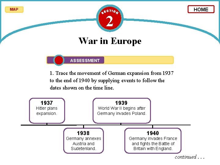 HOME MAP 2 War in Europe ASSESSMENT 1. Trace the movement of German expansion