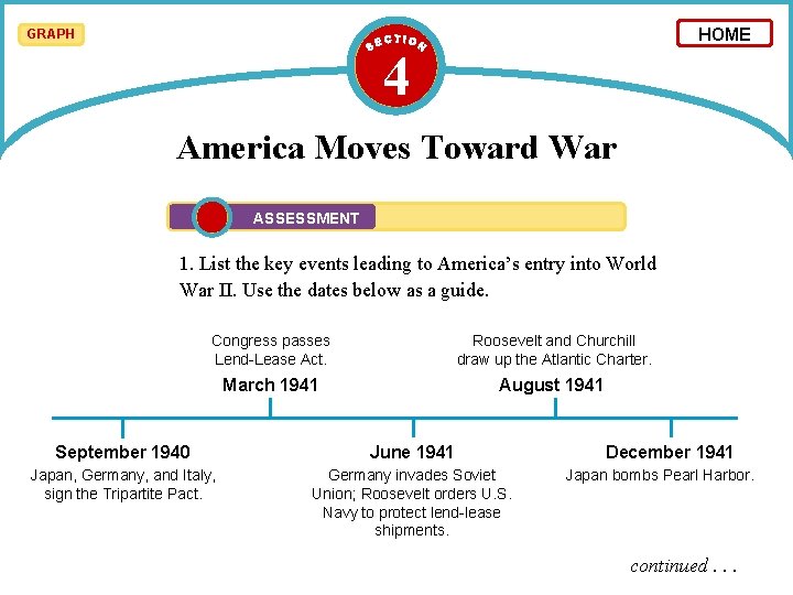 HOME GRAPH 4 America Moves Toward War ASSESSMENT 1. List the key events leading HOME GRAPH 4 America Moves Toward War ASSESSMENT 1. List the key events leading