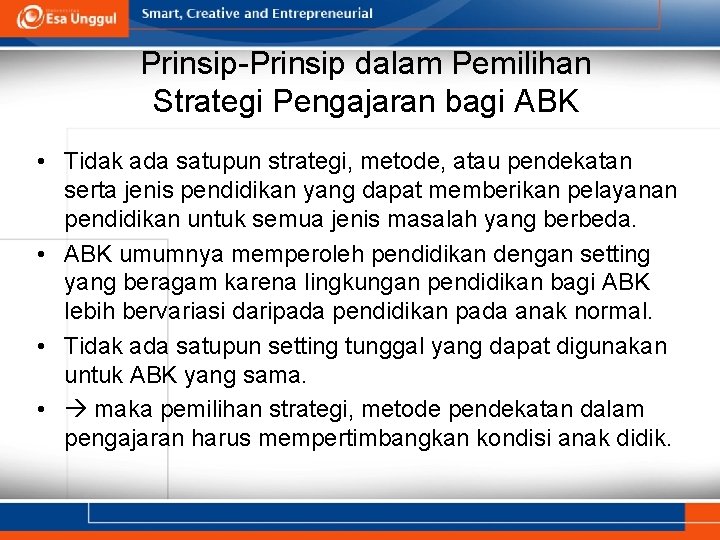 Prinsip-Prinsip dalam Pemilihan Strategi Pengajaran bagi ABK • Tidak ada satupun strategi, metode, atau